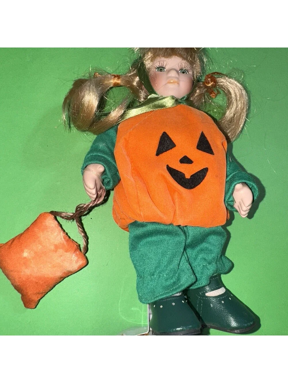 Vintage Blonde Porcelain Doll Pumpkin Costume Halloween Trick or Treat 9”